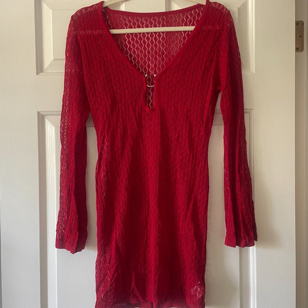 Red Crochet Swim Bathing Suit Pool Lounge Cover Up Size S